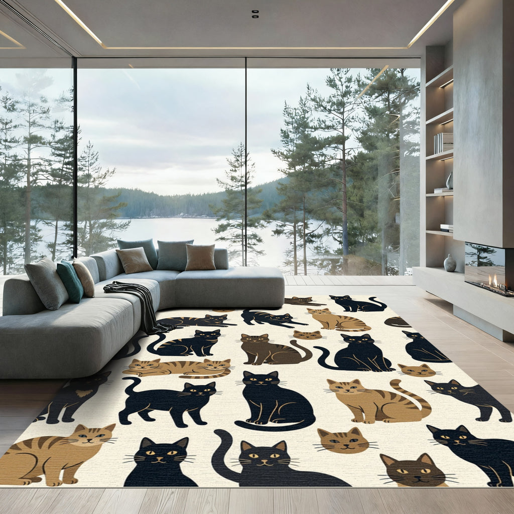 Whimsical Cream Black and Tan Cat Scene Rug