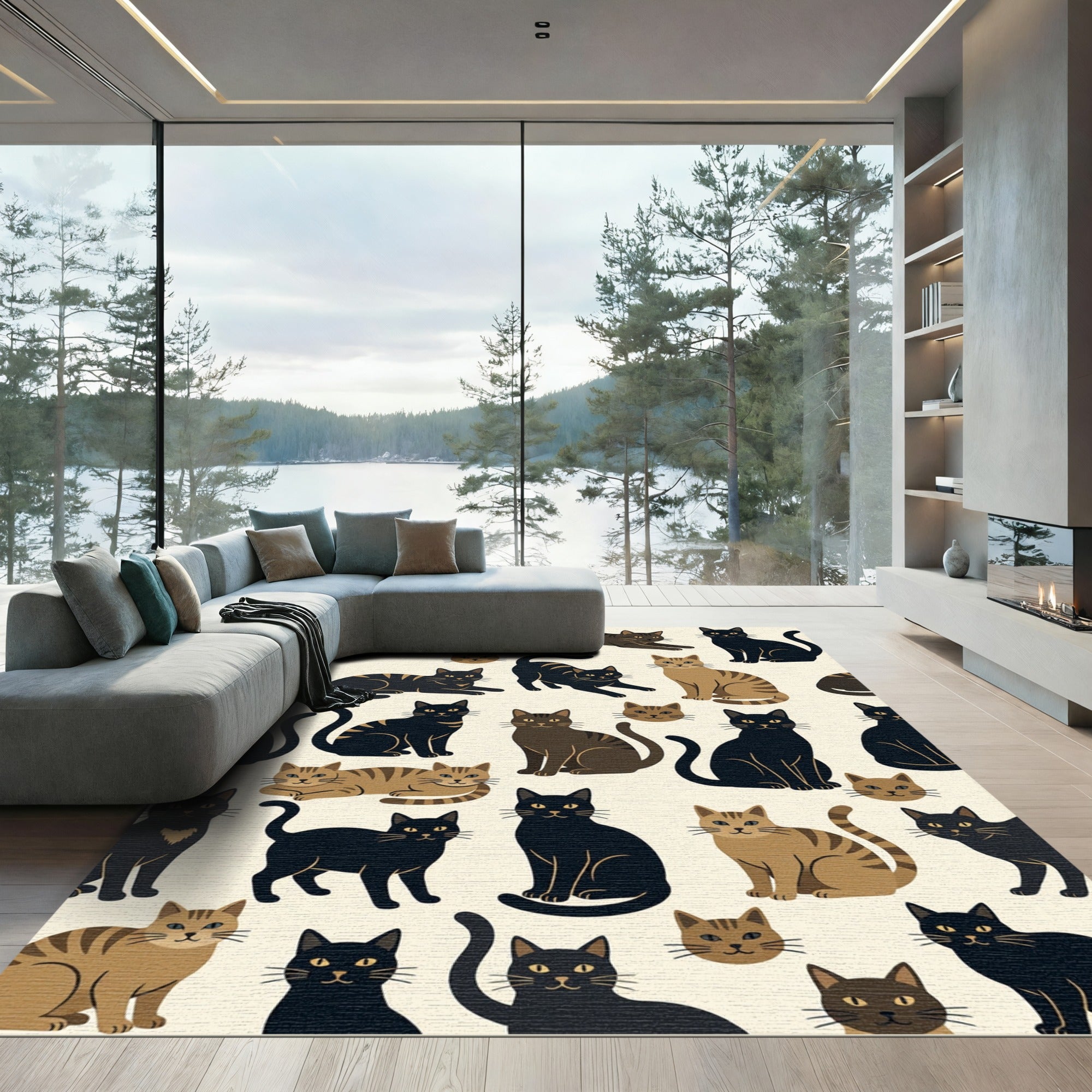 Whimsical Cream Black and Tan Cat Scene Rug