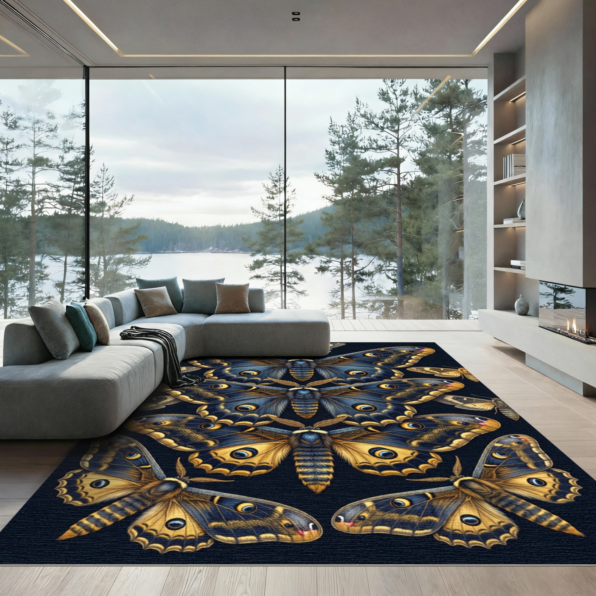 Midnight Golden Moth Symmetry Area Rug