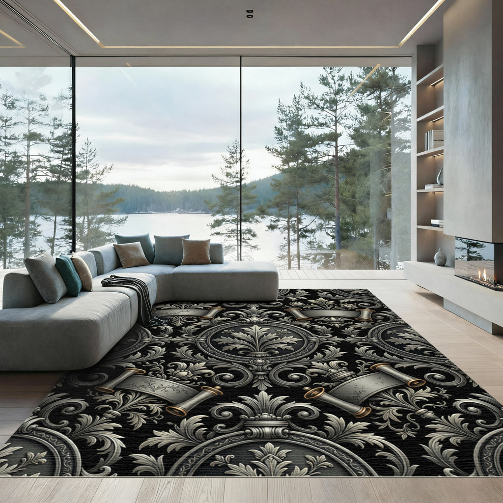 Ornate Silver Scroll Foliage Rug