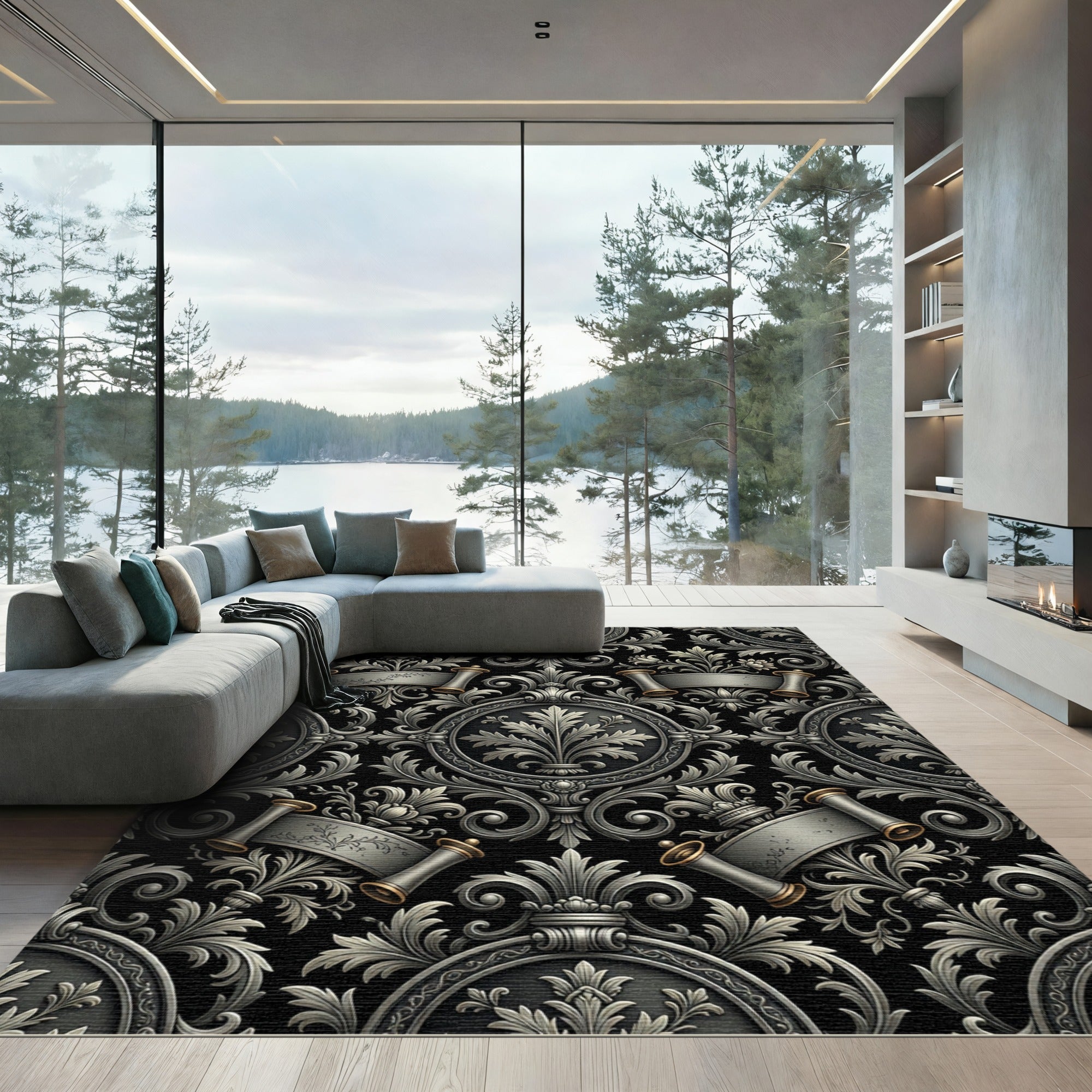 Ornate Silver Scroll Foliage Rug