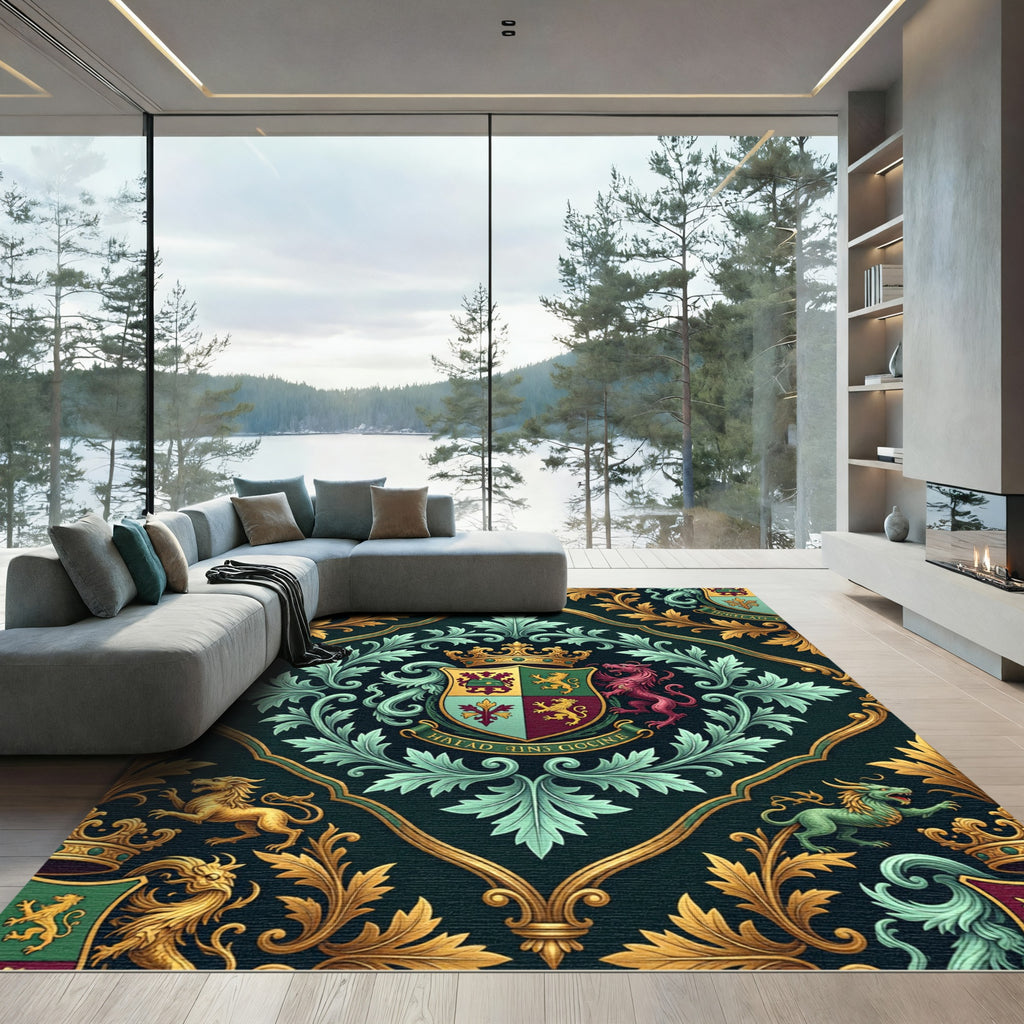 Royal Emerald Crest Gold Heraldic Damask Rug