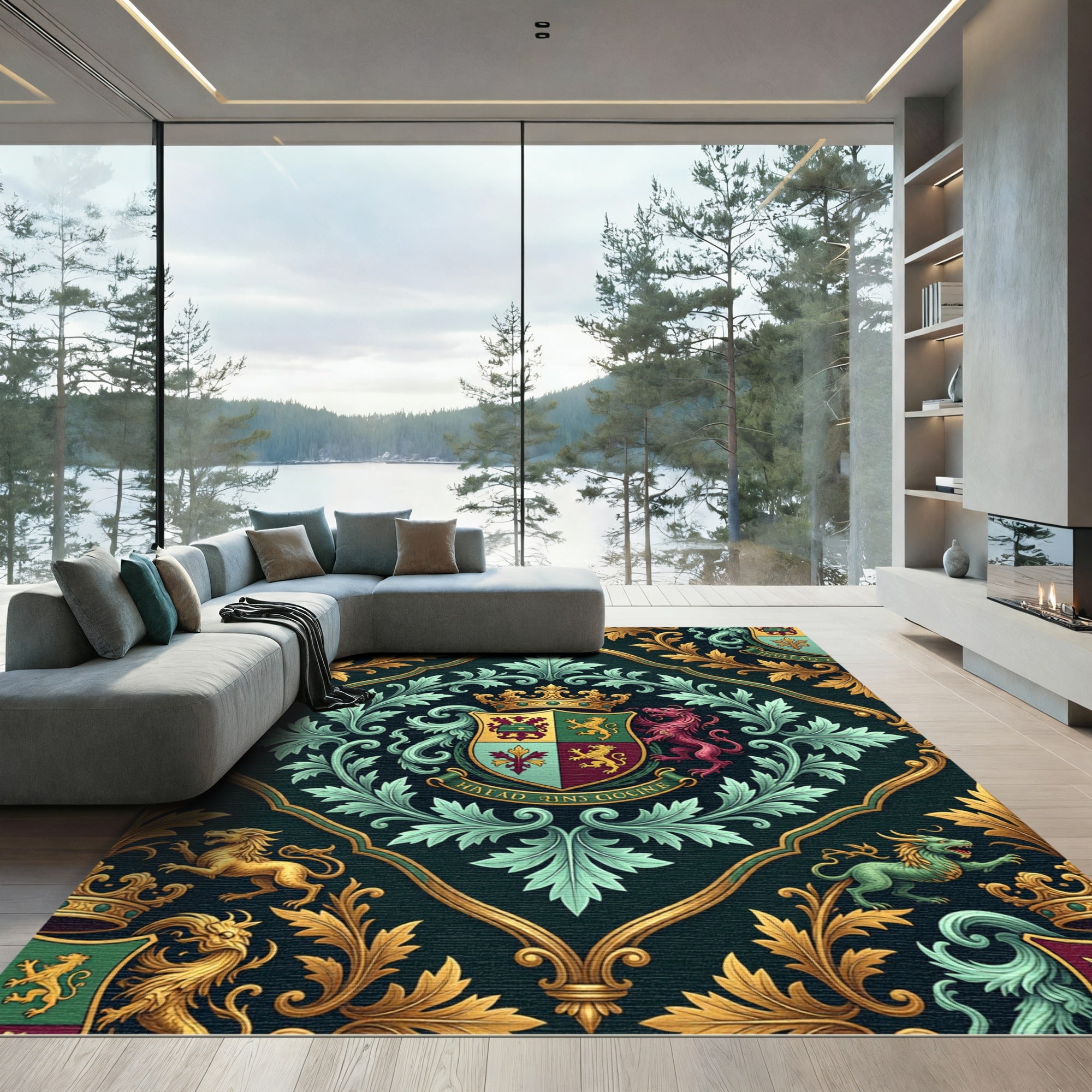 Royal Emerald Crest Gold Heraldic Damask Rug