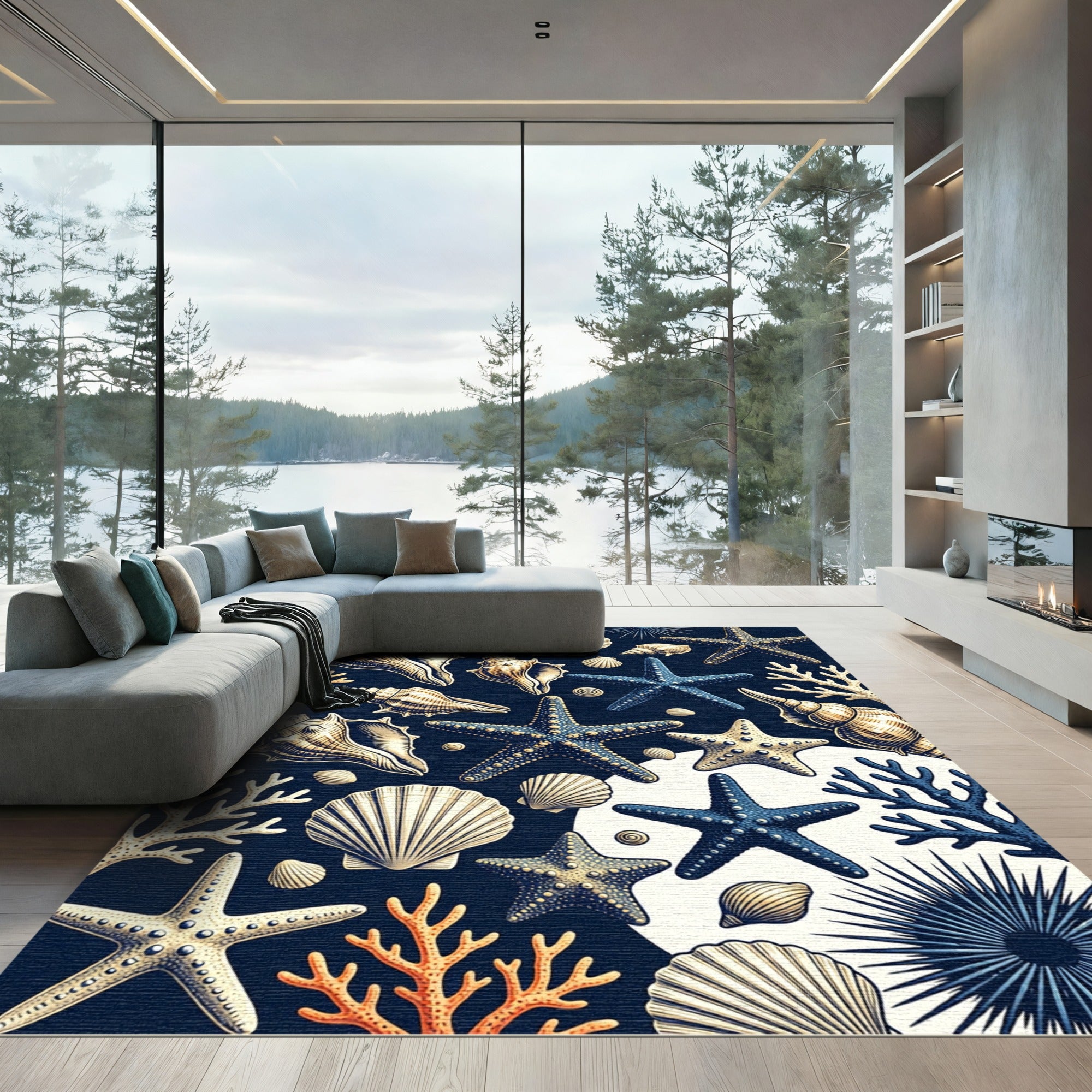 Navy Coastal Seashell Starfish Ocean Art Rug