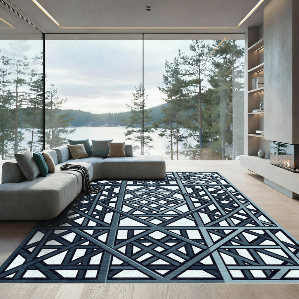 Geometric Slate Blue Interlocking Lattice Rug