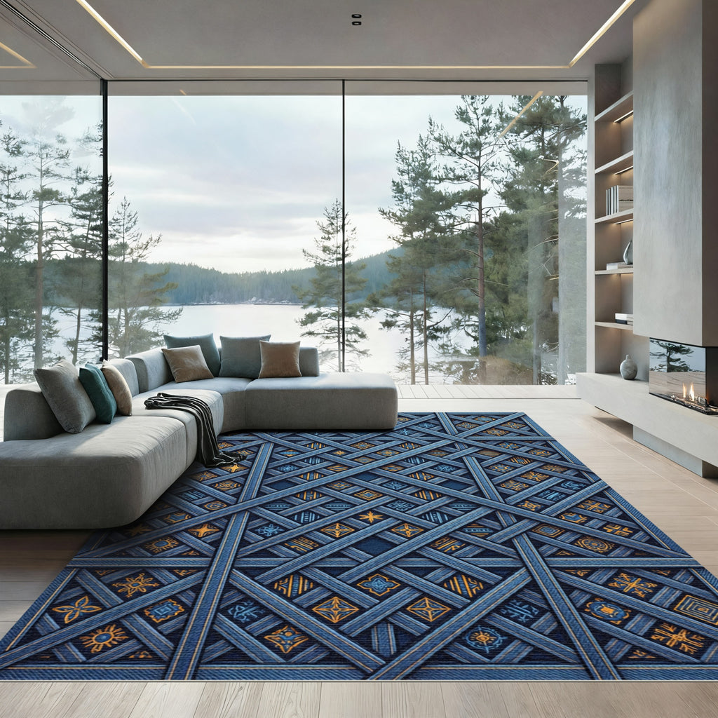 Blue Geometric Interlocking Lattice Grid Rug