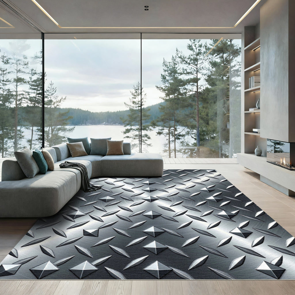 Industrial Silver Metallic Diamond Plate Rug