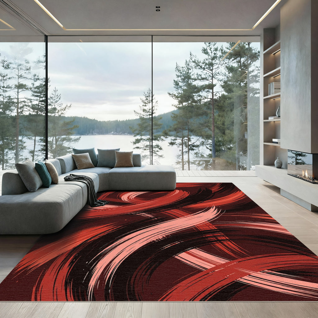 Red and Black Abstract Swirl Rug