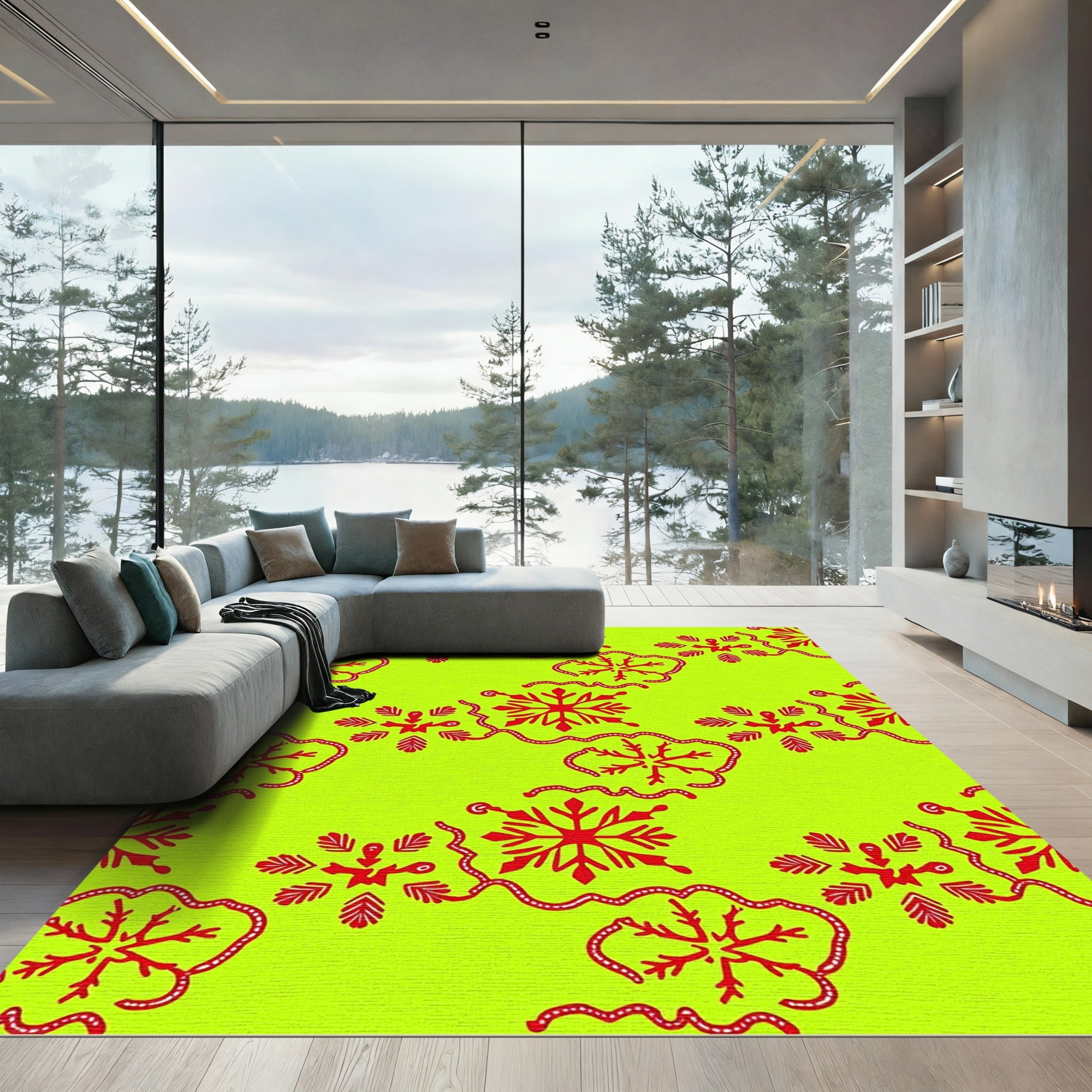 Lime Green Red Snowflake Medallion Rug