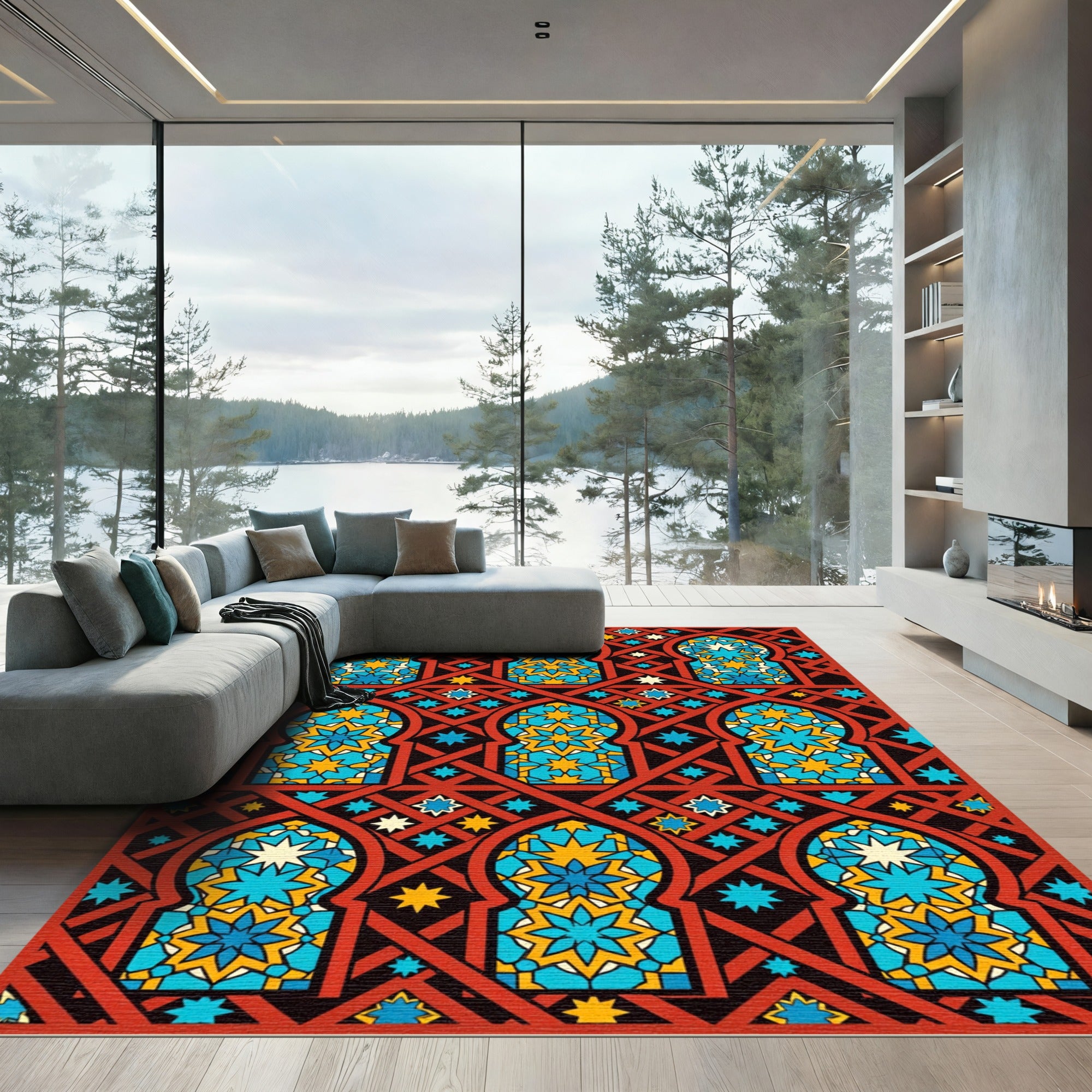 Red Sunburst Arabesque Geometric Rug