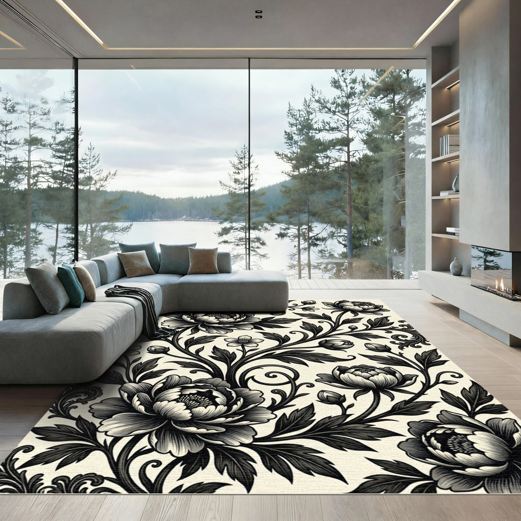 Monochrome Floral Peony Botanical Art Rug