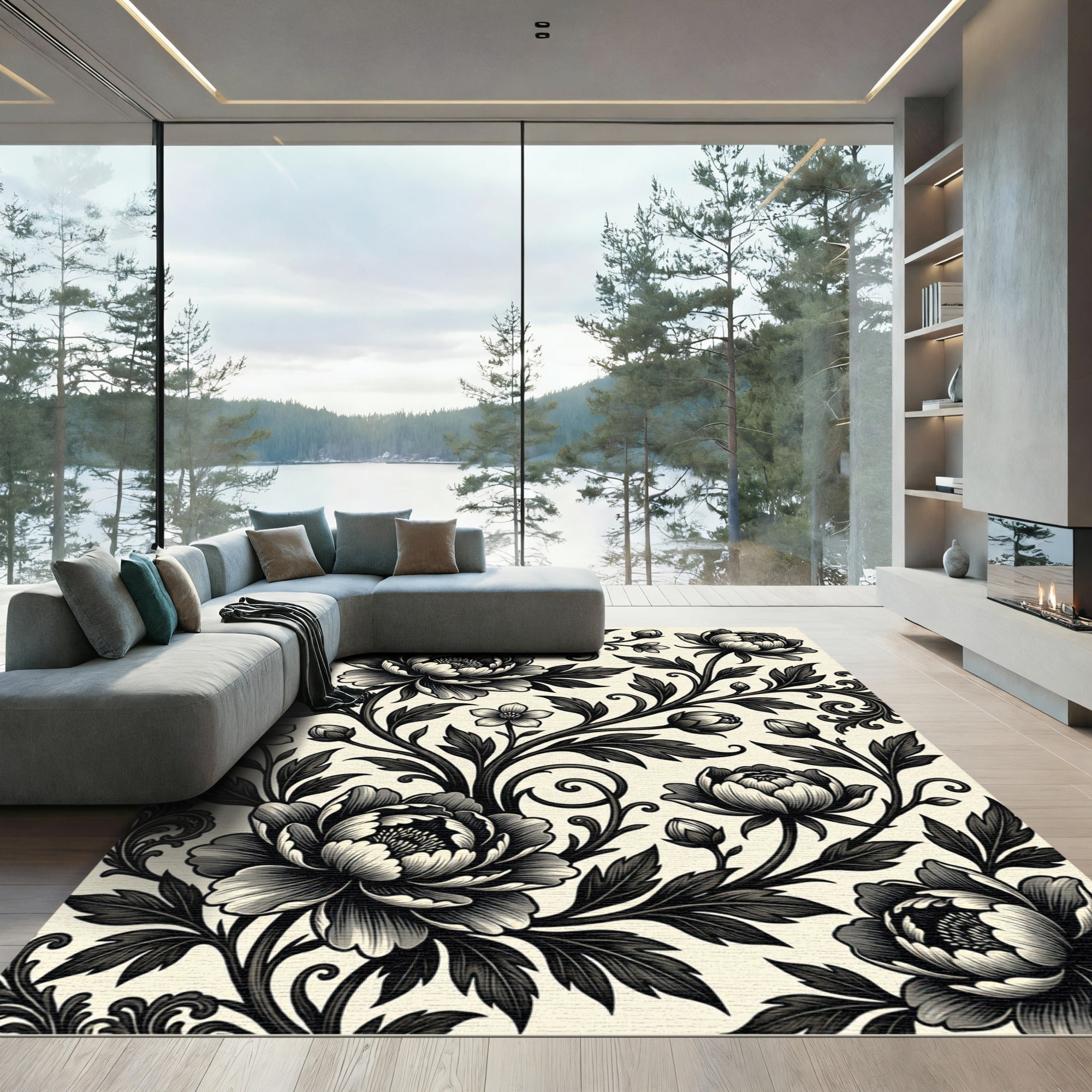 Monochrome Floral Peony Botanical Art Rug