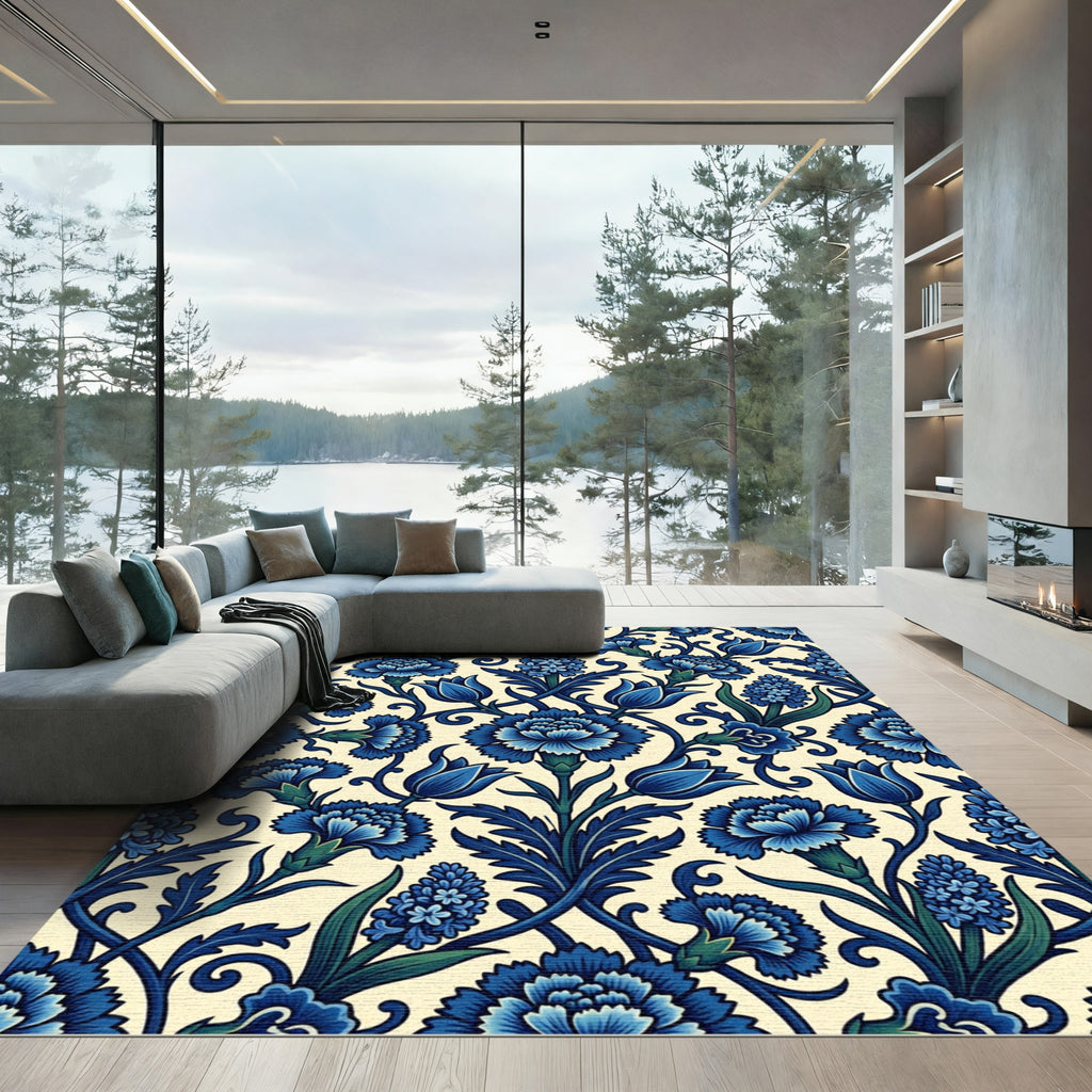 Deep Blue Floral Vine Cover Rug