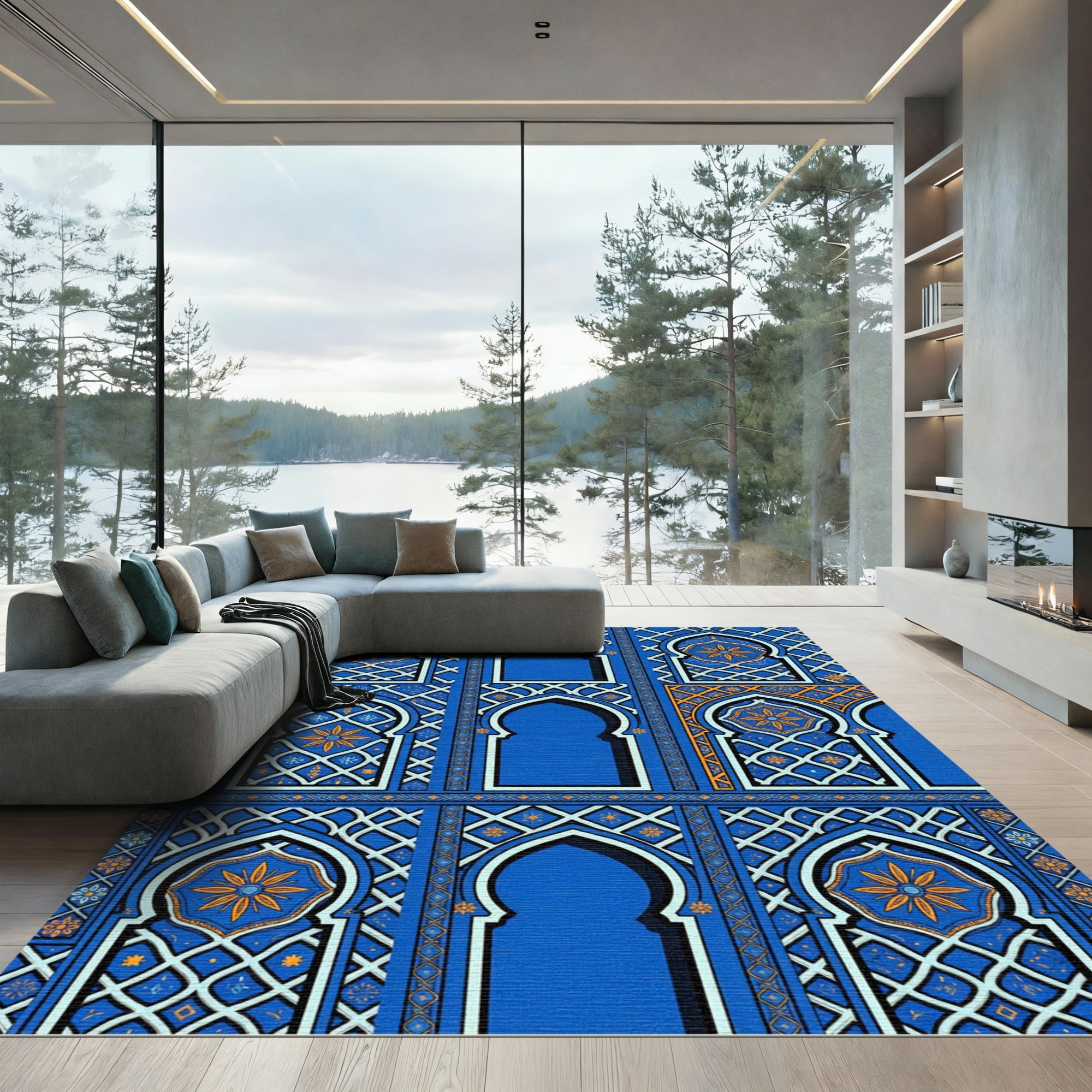 Intricate Royal Blue Arched Tile Rug