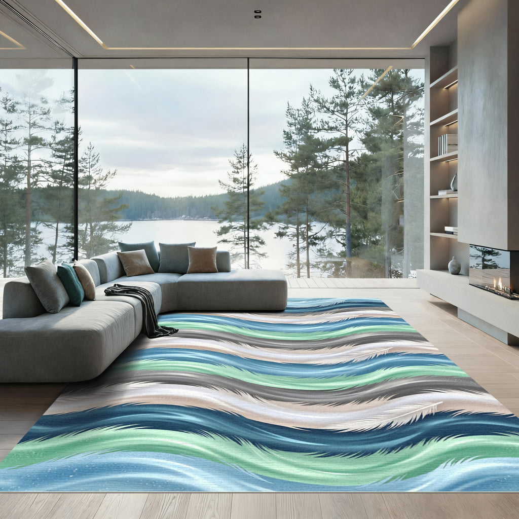Fluid Feather Waves in Teal and Gray Rug