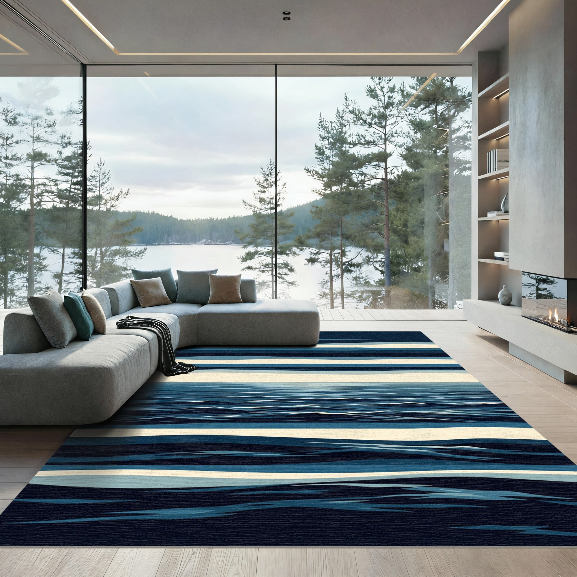 Deep Blue Abstract Horizon Waves Rug