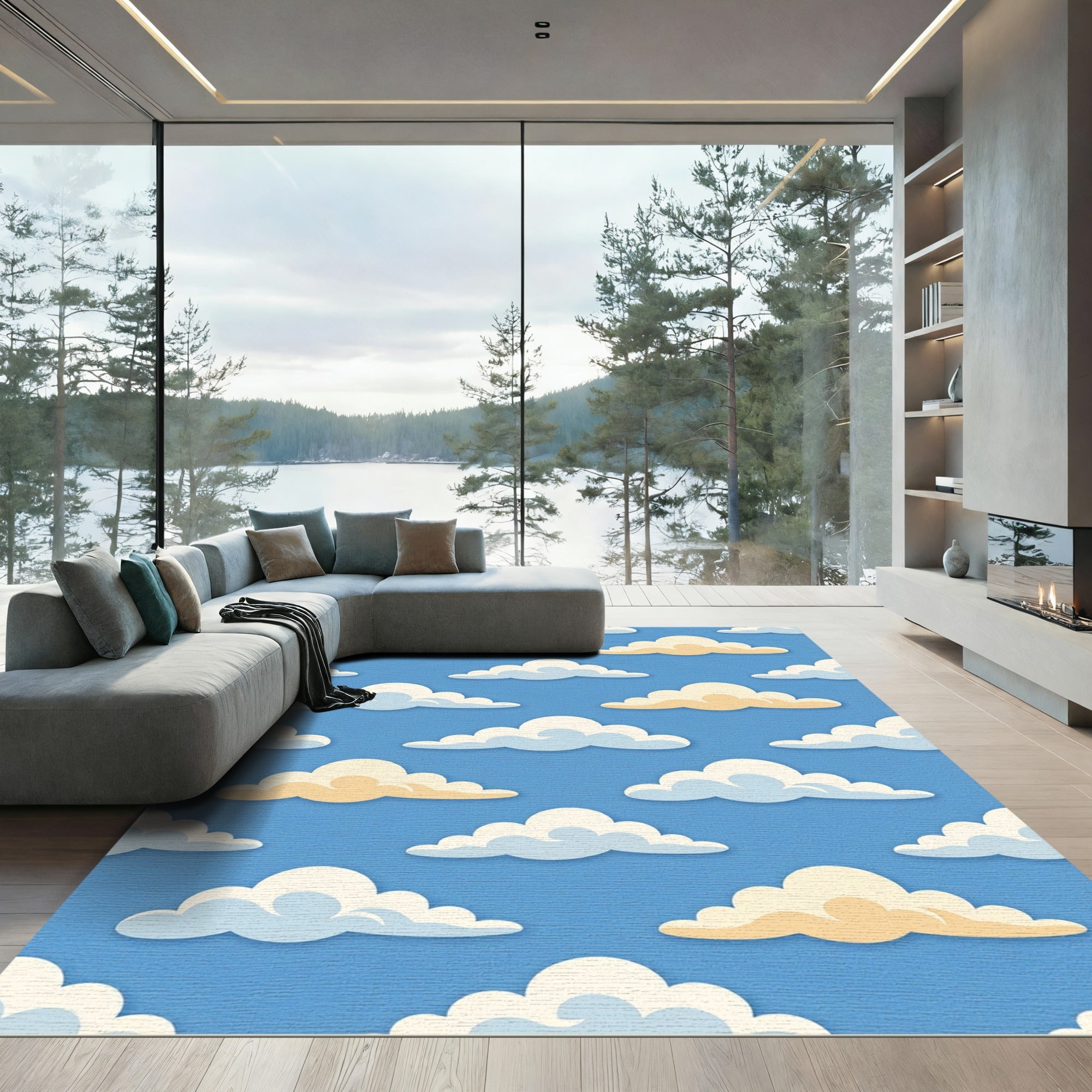 Whimsical Blue and Golden Cloud Sky Rug