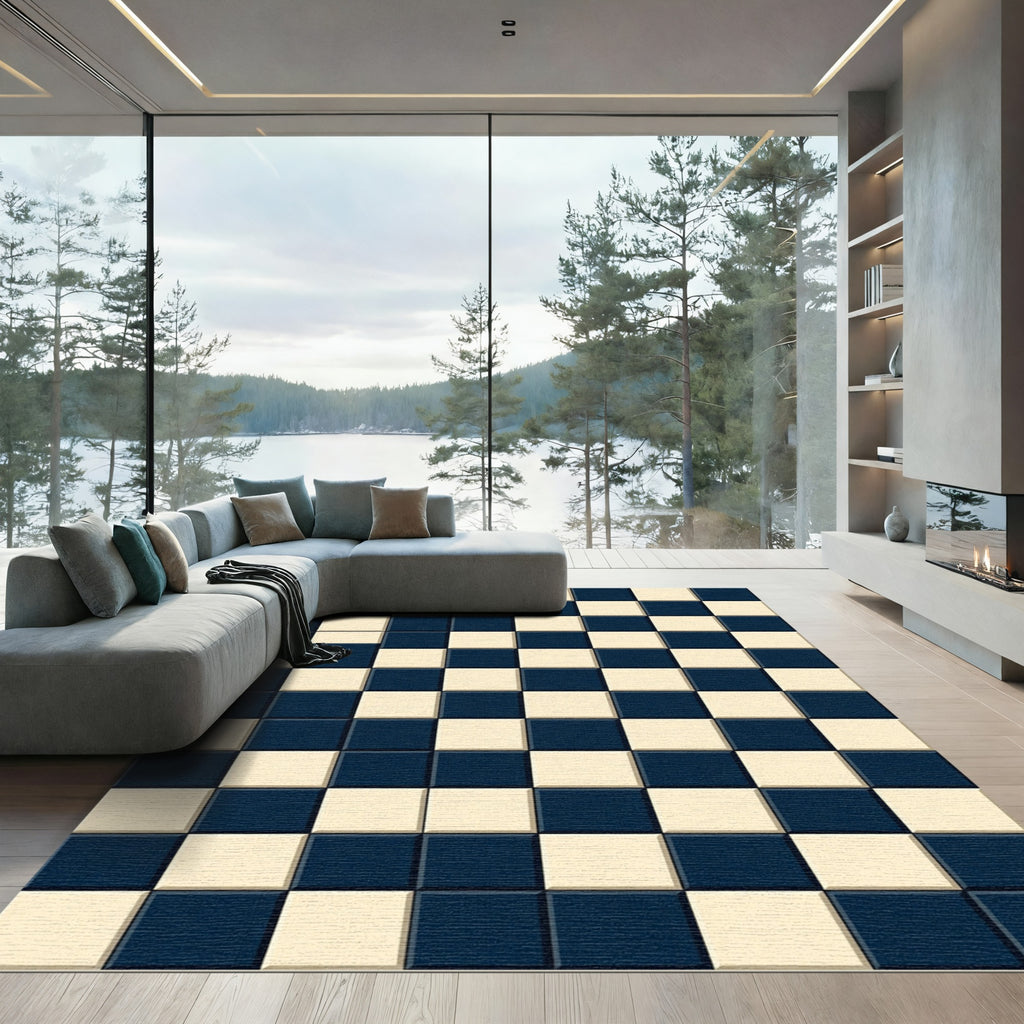 Navy and Cream Classic Checkered Grid Rug
