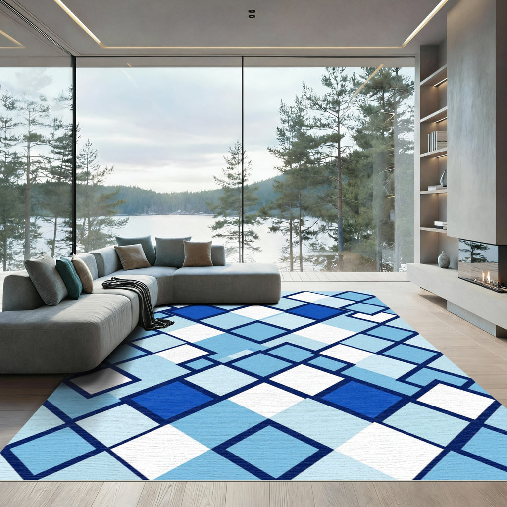 Geometric Blue and White Square Grid Rug