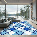 Geometric Blue and White Square Grid Rug