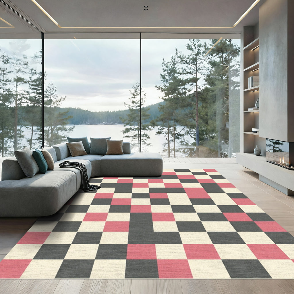Modern Pink and Charcoal Geometric Grid Rug