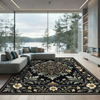 Antique Black Floral Medallion Scrollwork Rug