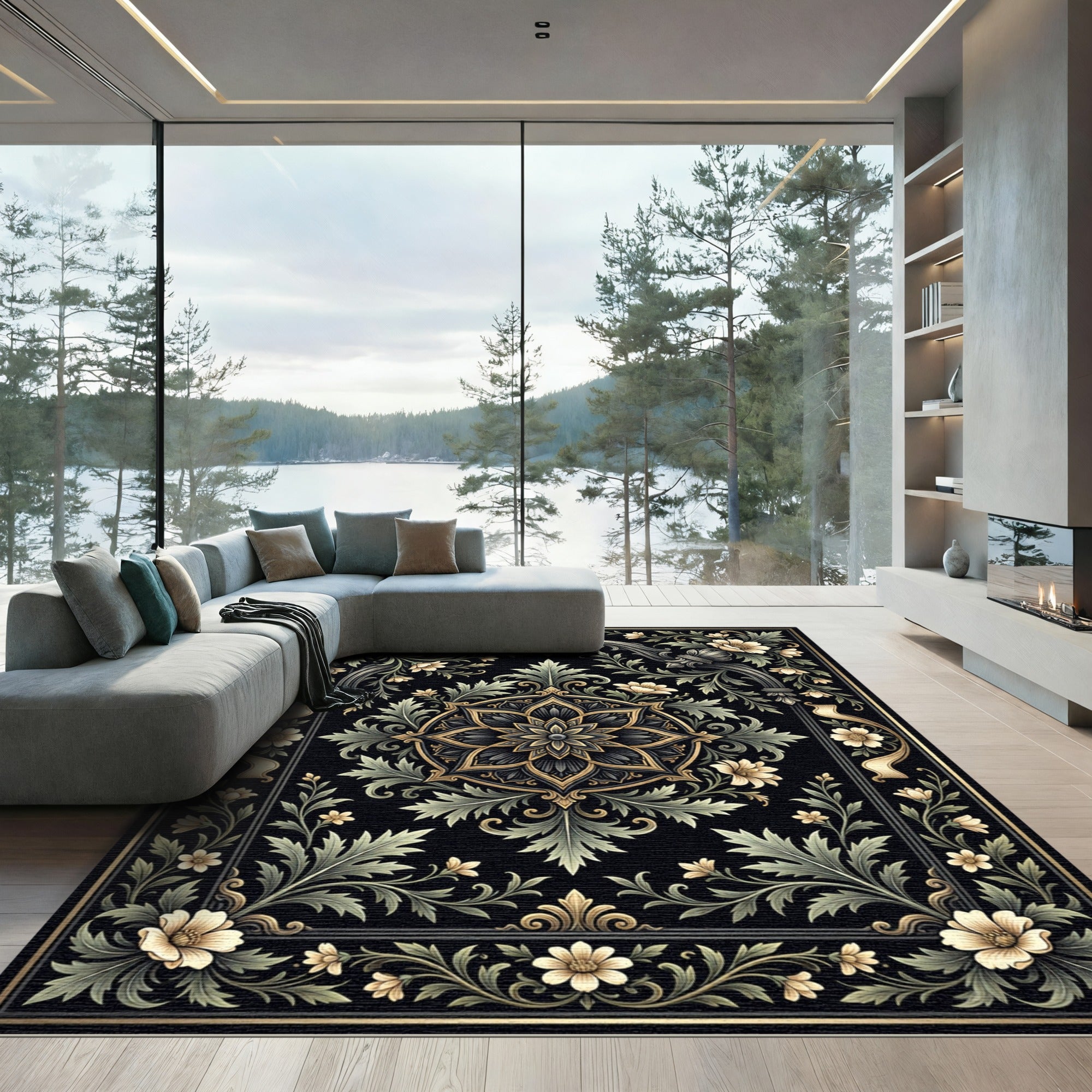 Antique Black Floral Medallion Scrollwork Rug