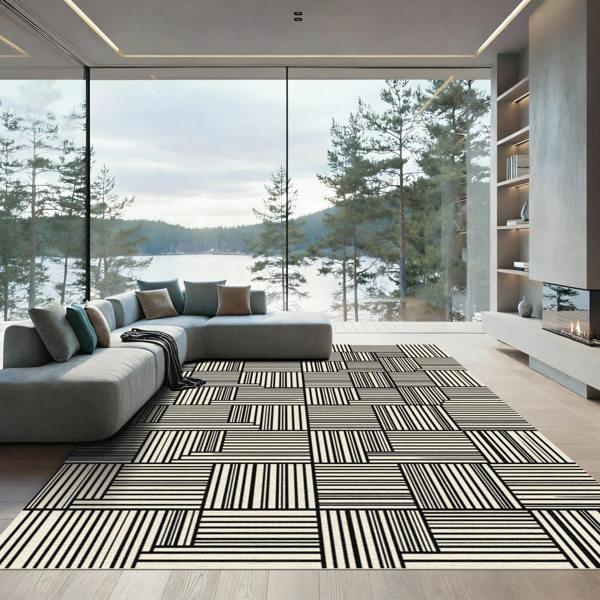 Black White Interlocking Lines Composition Rug