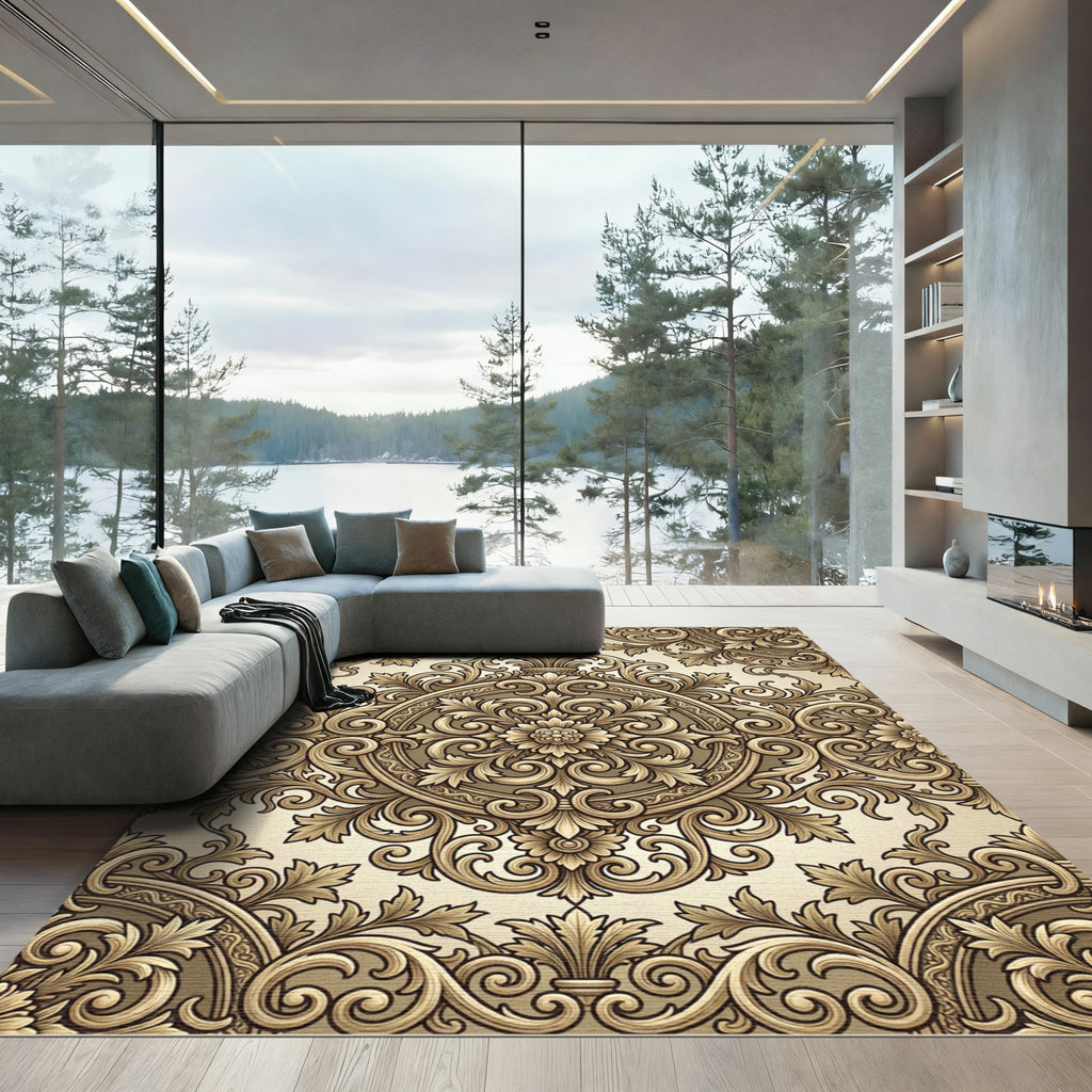 Golden Floral Acanthus Scroll Rug
