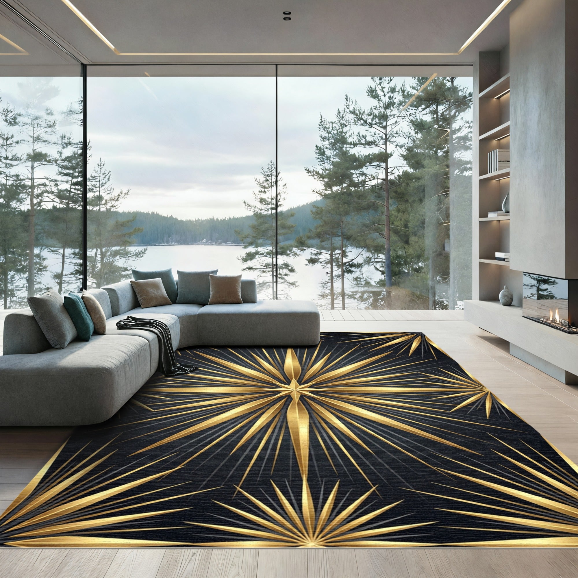 Radiant Golden Starburst Sunburst Geometric Art Rug