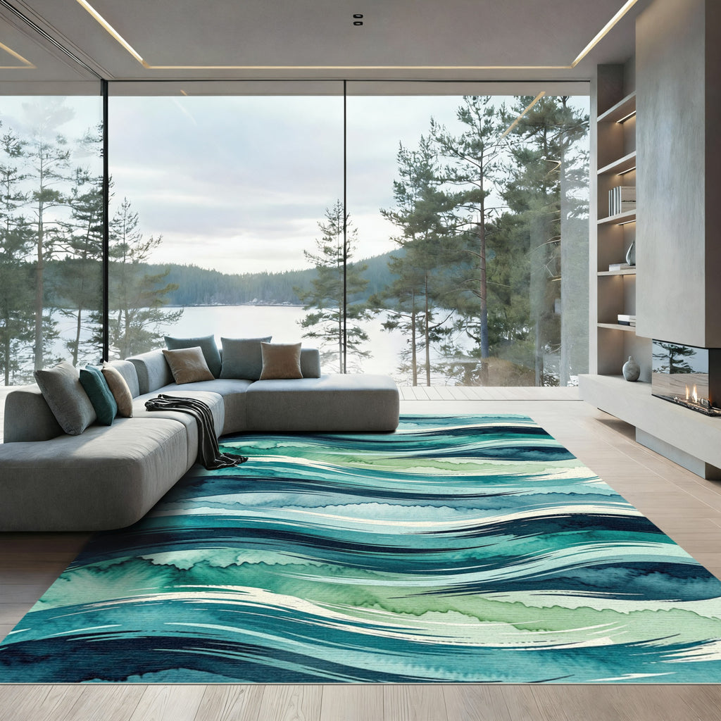 Abstract Teal Watercolor Ocean Waves Rug