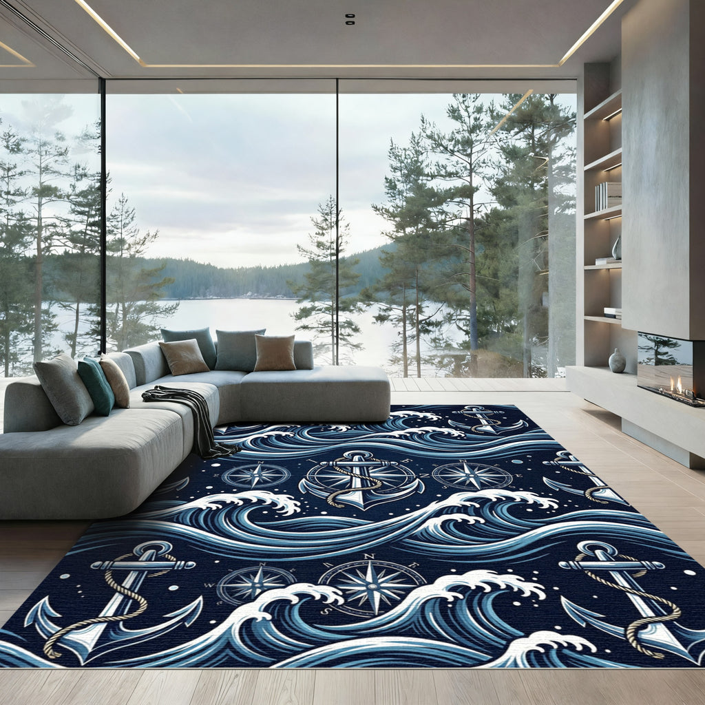 Navy Nautical Anchor and Compass Waves Rug