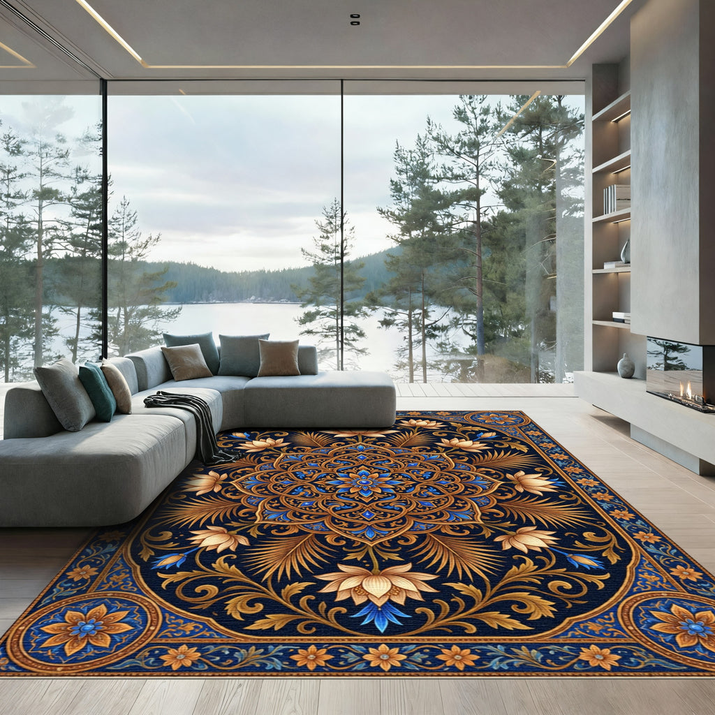 Ornate Blue and Gold Lotus Medallion Rug