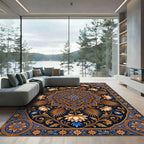Ornate Blue and Gold Lotus Medallion Rug