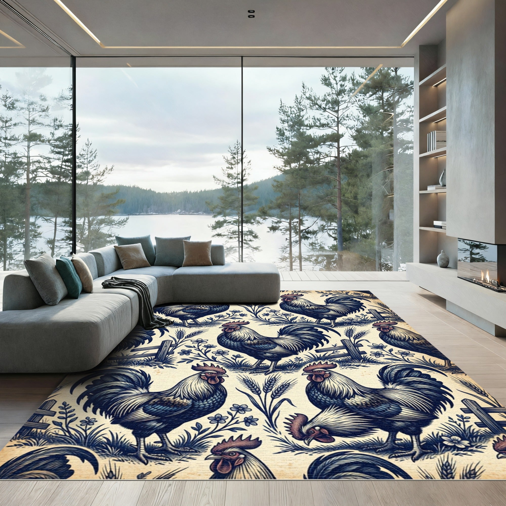 Vintage Blue Rooster Farmhouse Toile Rug