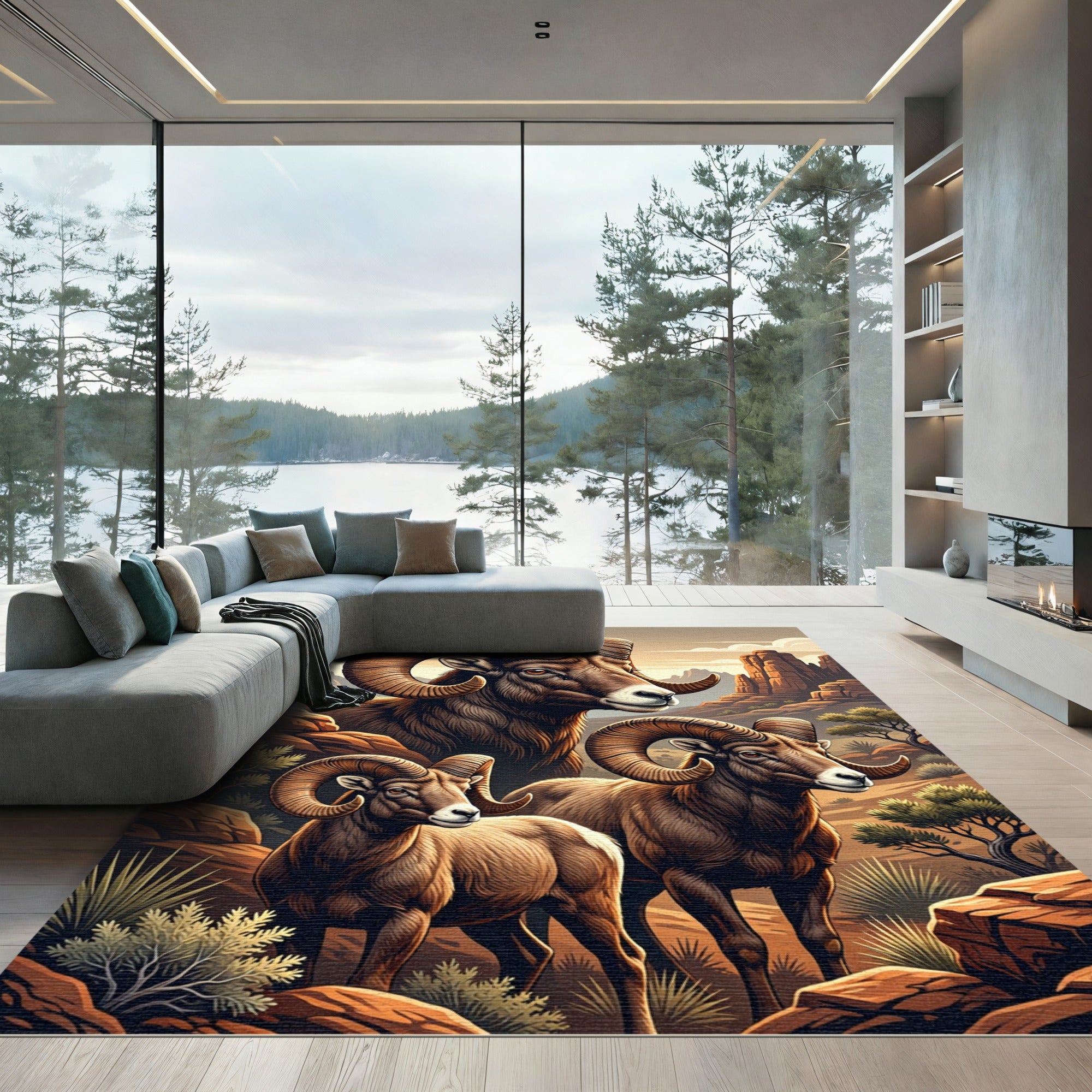 Majestic Bighorn Sheep Desert Landscape Rug