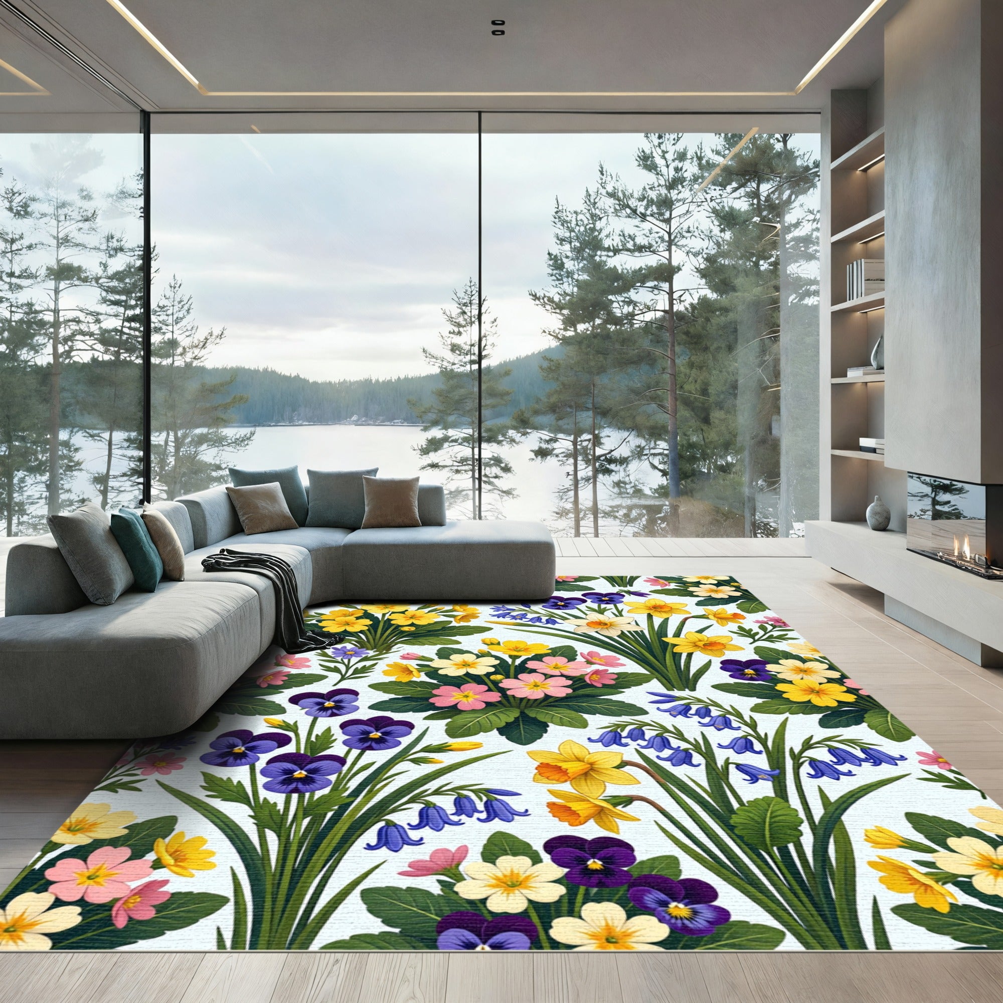 Vibrant Spring Meadow Floral Botanical Rug