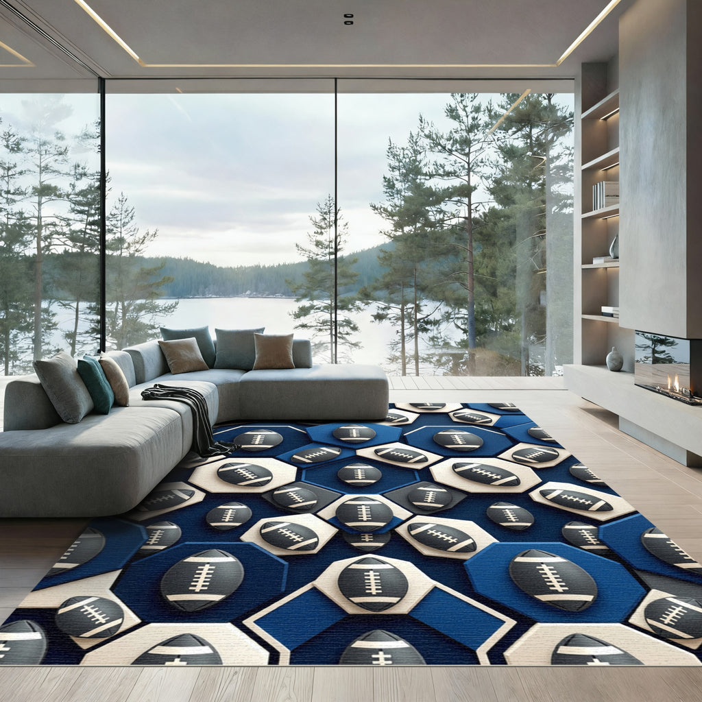 Navy Geometric Football Hexagon Grid Rug