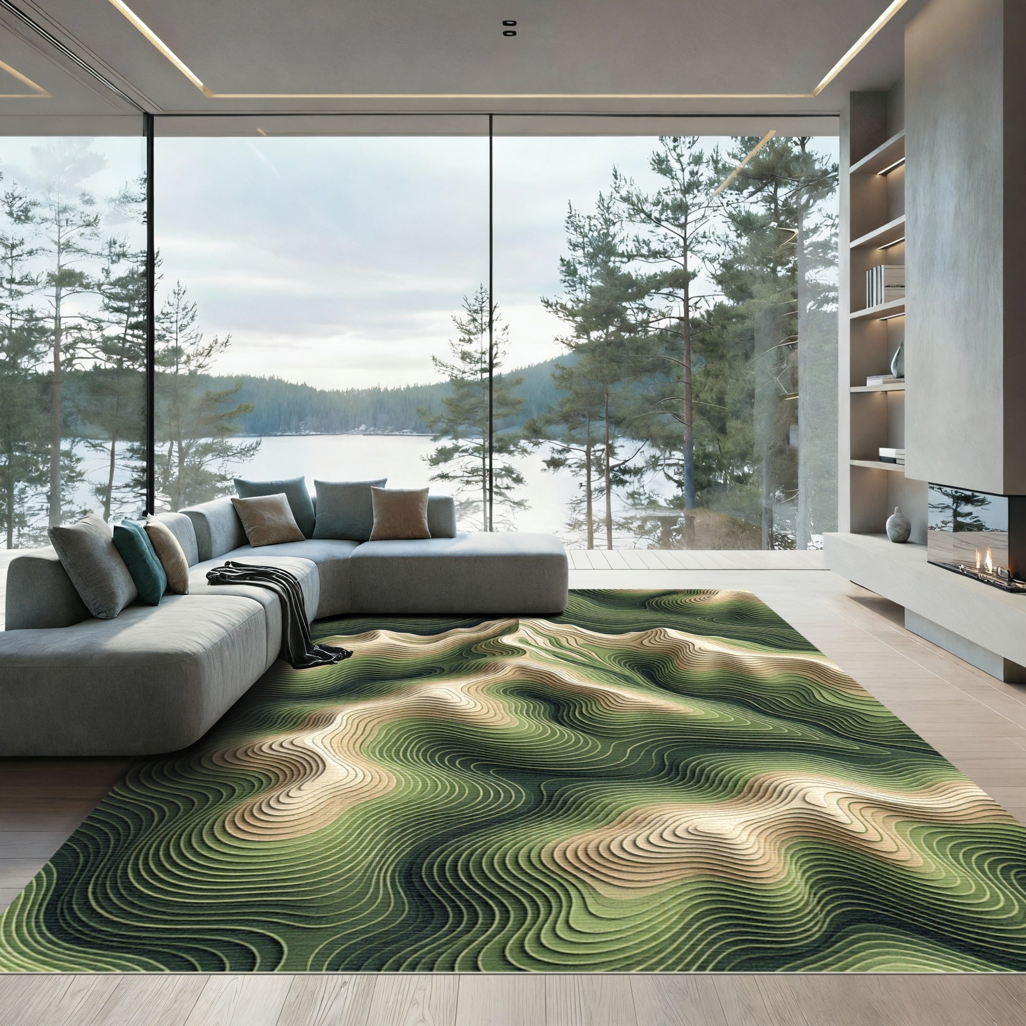 Sage Green Topographic Contour Landscape Rug