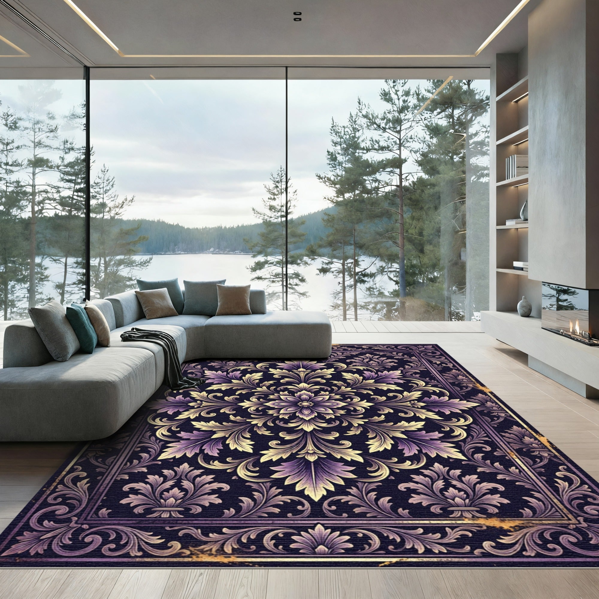 Ornate Violet Floral Damask Rug