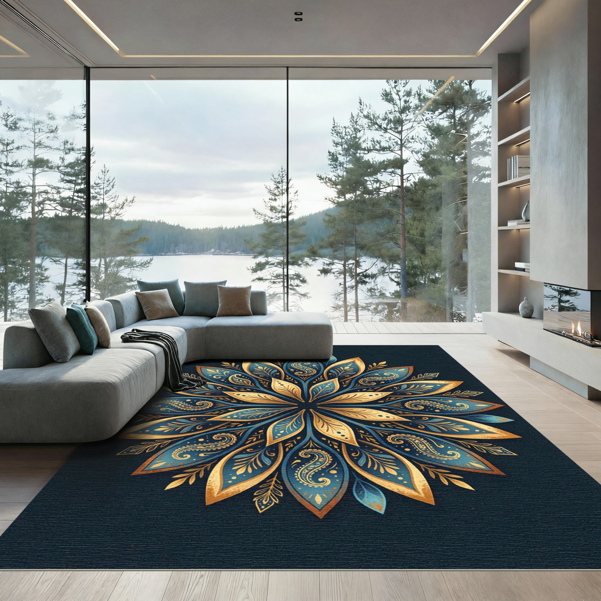 Golden Leaf Mandala Navy Floral Medallion Rug