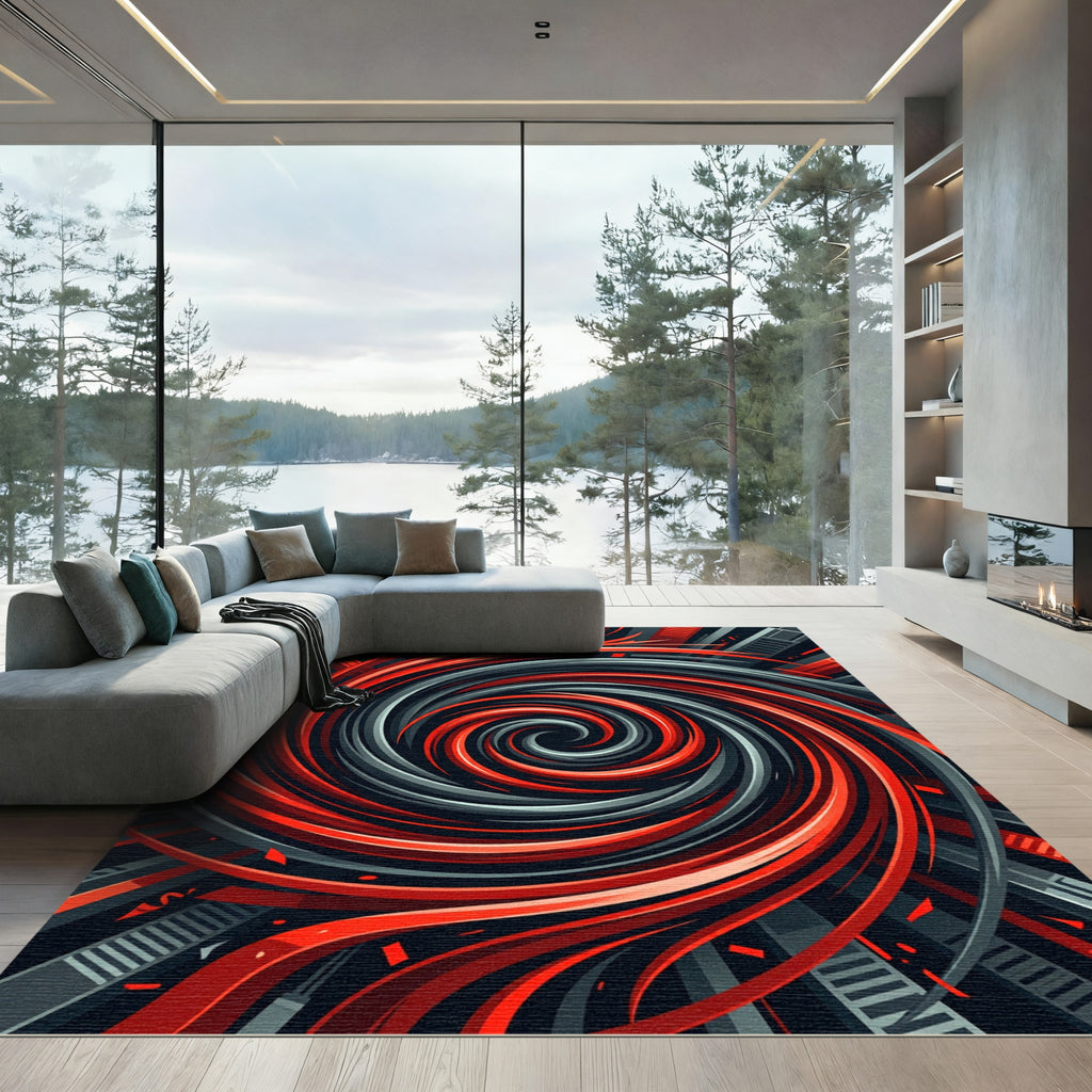 Crimson Gray Swirl Skyline Abstract Rug