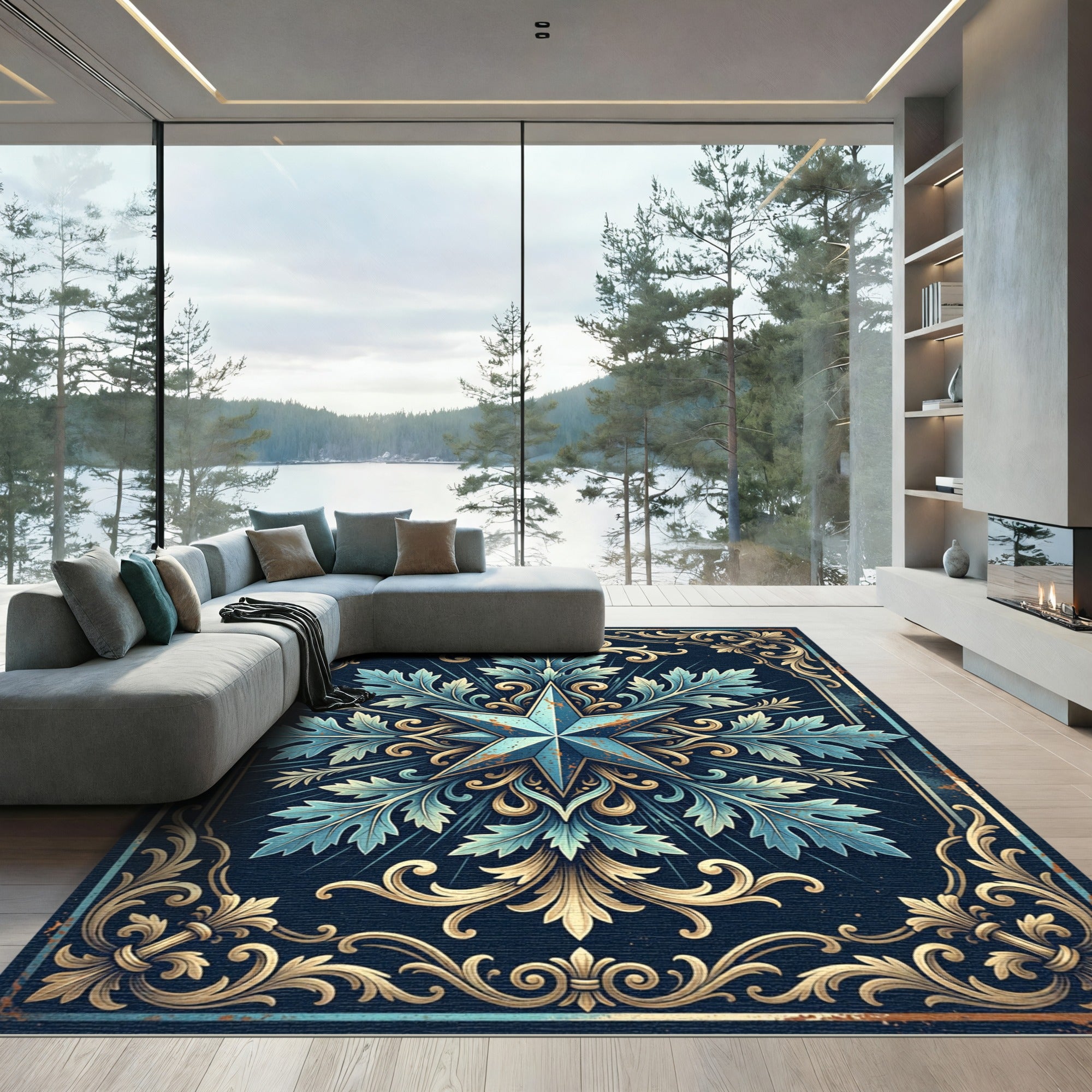 Ornamental Teal Star Filigree Emblem Rug