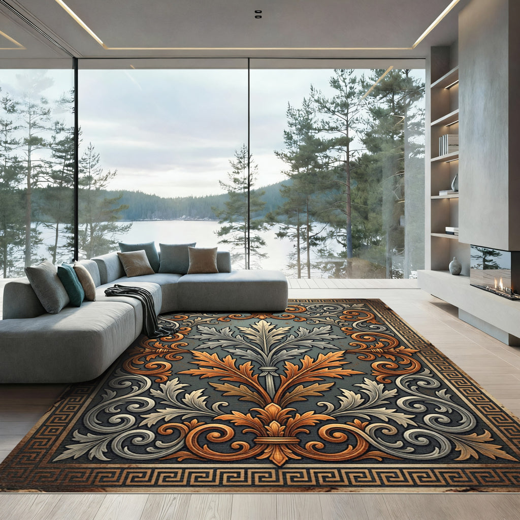 Ornate Gold and Silver Acanthus Scroll Rug