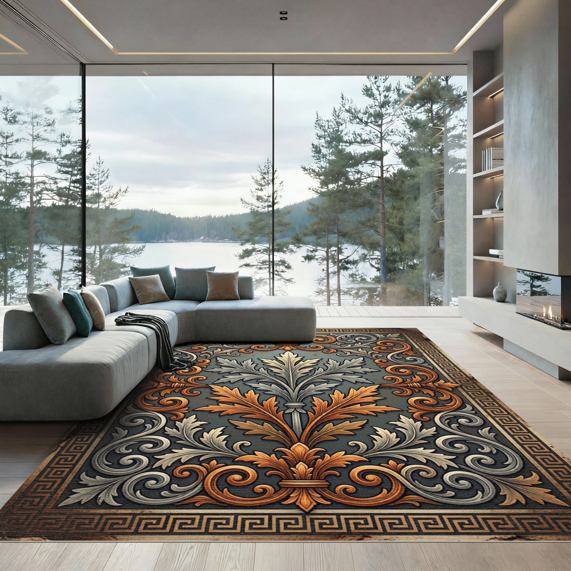 Ornate Gold and Silver Acanthus Scroll Rug