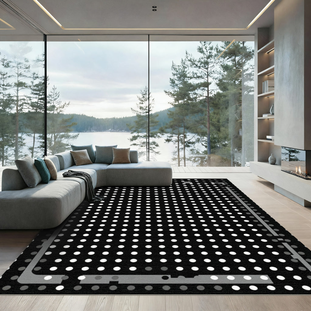 Modern Black White Dot Grid Rug