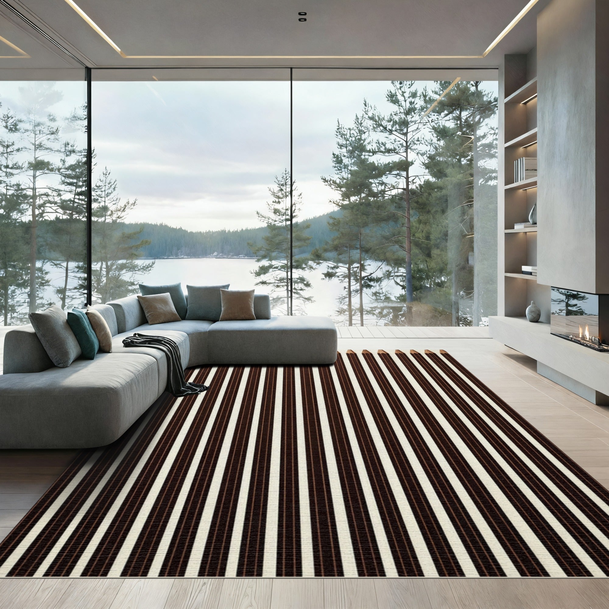 Minimalist Chocolate and Cream Vertical Pinstripe Rug