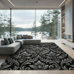 Ornate Silver Leaf Black Scroll Rug