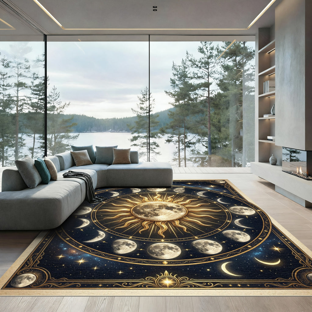 Celestial Lunar Phase Gold Sun Medallion Rug