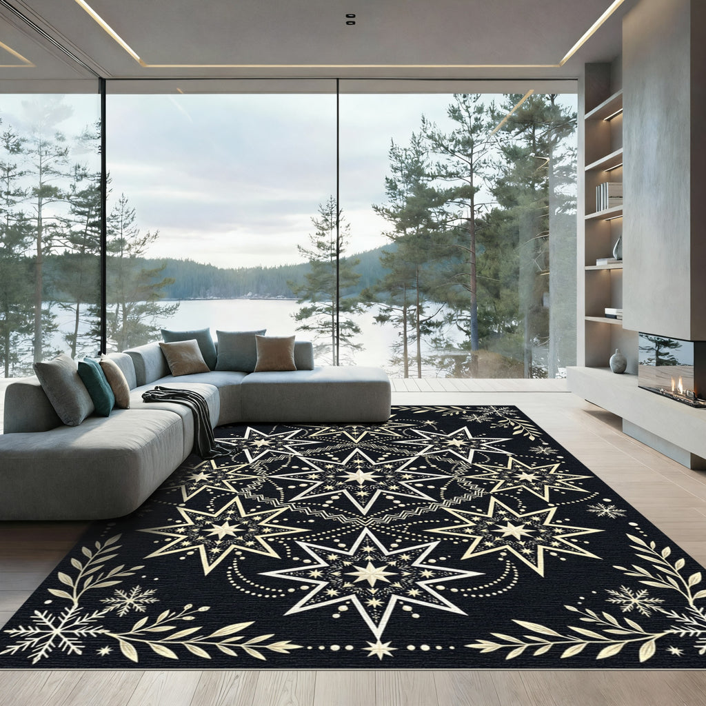 Golden Starburst Mandala Black Rug